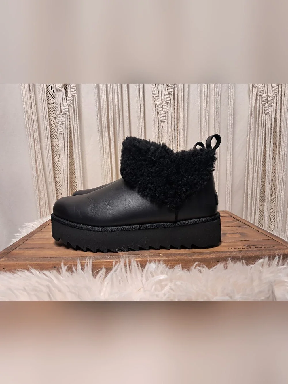 UGG Ultra Mini Alina Curled Black Leather Genuine Shearling Platform Boots